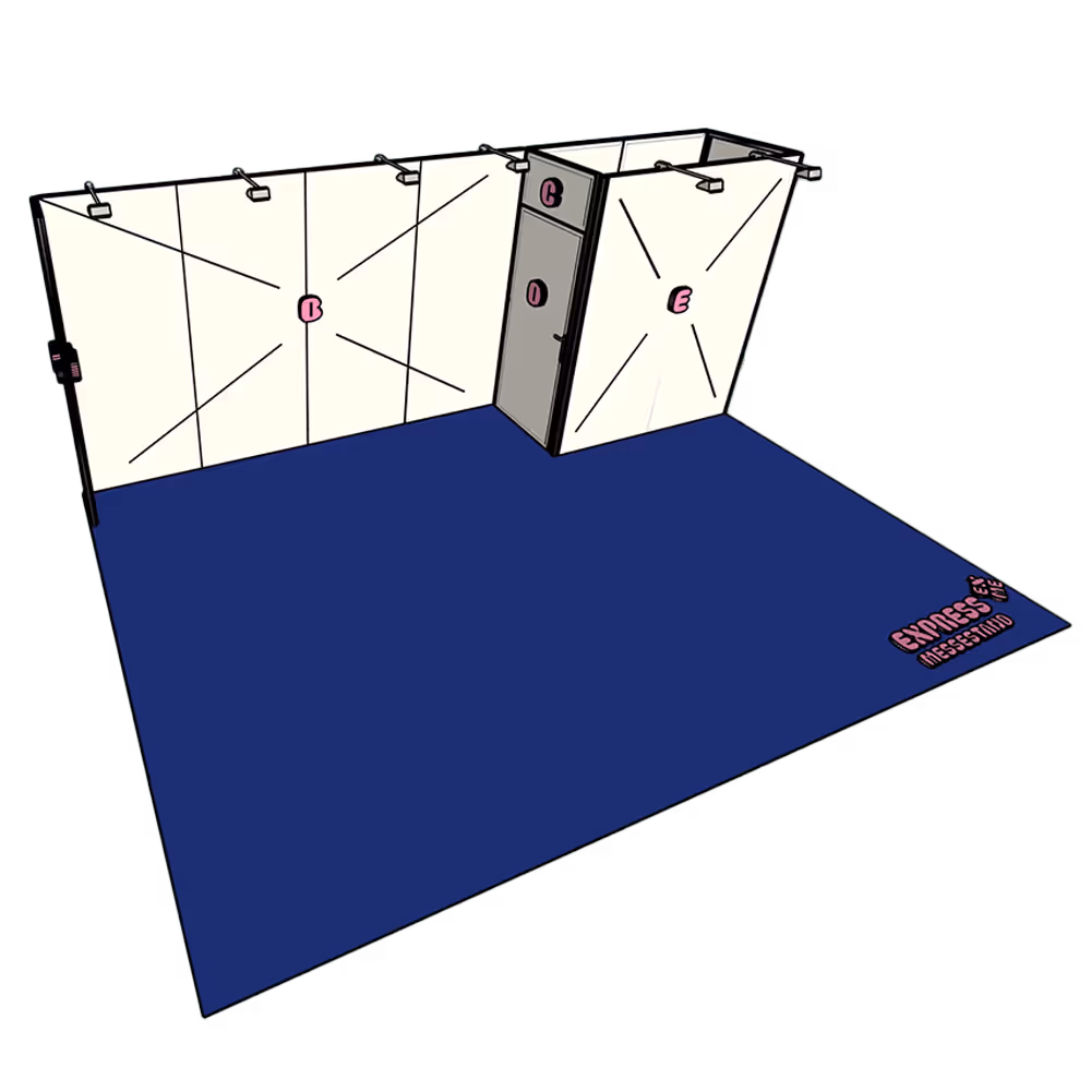 3D-Illustration eines Messestands mit weißen Wänden, blauem Boden und dem Schriftzug ENDLESS MESSESTAND in der Ecke.
